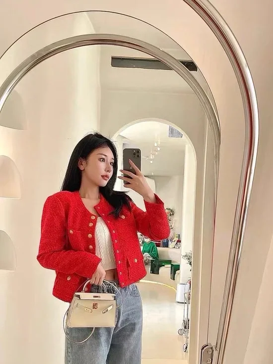 Authentic Celine Red Tweed Gold-Button Jacket - Picture 7 of 7